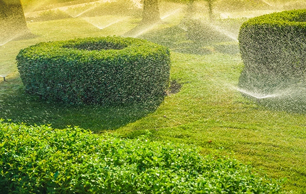 KSW Sprinklers watering a well-maintained lawn with neatly trimmed bushes in a garden. Denver Metro