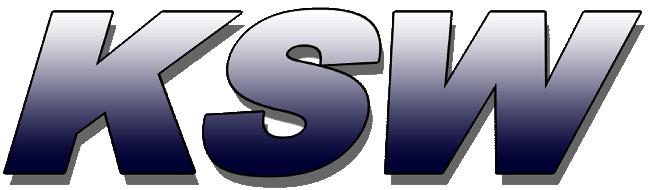 The image shows the letters "KSW" in a gradient design, transitioning from dark blue at the bottom to light gray at the top.