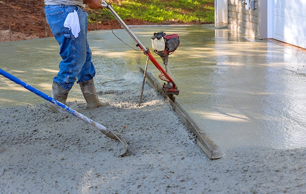 KSW Workers use tools to smooth and level freshly poured concrete for a driveway. Denver Metro